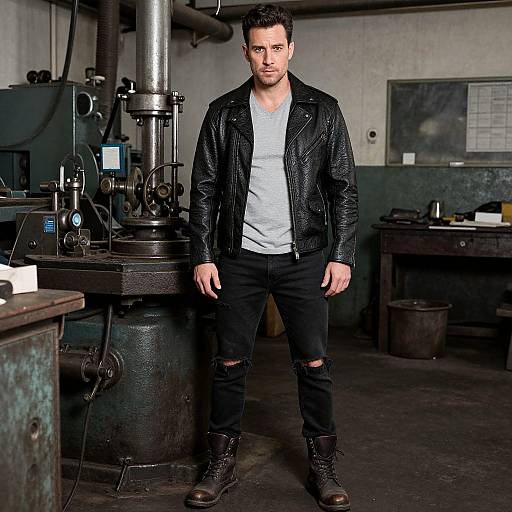 Photograph of a handsome, muscular man with short dark hair, wearing a black leather jacket, white tee, and ripped jeans, standing in a gritty