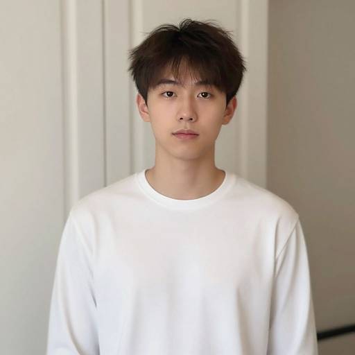 Photograph of a young Asian man with short, messy black hair, wearing a plain white shirt, standing against a plain white background.