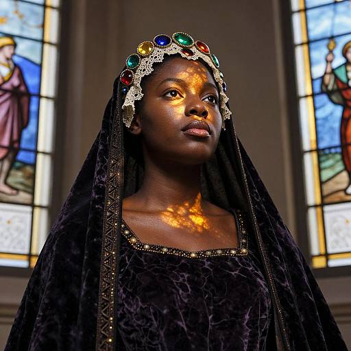 Photograph of a dark-skinned woman in a black velvet dress and veil, adorned with a colorful jeweled headpiece, standing in front of colorful