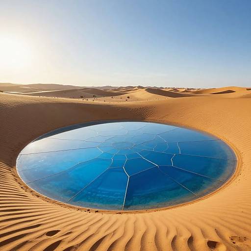 Photograph of a circular, glass-covered blue water pool in a sunlit, rippled desert with golden sand dunes under a clear blue sky.