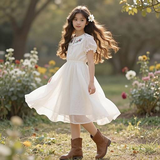 Photograph of a young Asian girl with long, wavy brown hair, wearing a white dress, brown boots, and a white flower in her hair