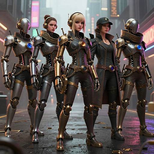 Digital artwork of four cyberpunk women: three metallic robots with blue lights, one human with blonde hair and black tactical gear, standing on a neon-l