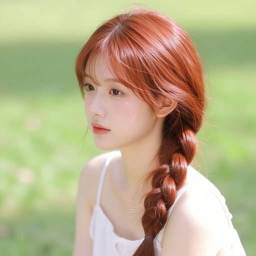 Photograph of an Asian woman with long, red braided hair, wearing a white tank top, seated outdoors in a sunlit, green grassy