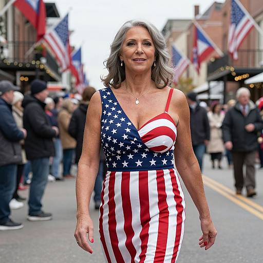 Photograph of an older woman with gray hair, wearing a patriotic dress with an American flag pattern, walking in a street parade with flag decorations and people