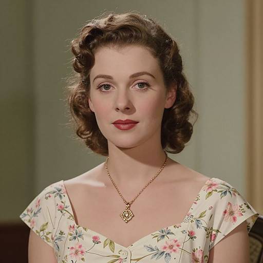 Photograph of a fair-skinned woman with vintage-style brown curly hair, wearing a floral dress, red lipstick, and a gold necklace, against a
