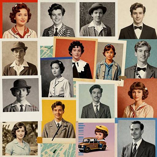 Vintage photograph collage of 15 individuals from the mid-20th century, featuring men and women in formal and casual attire, hats, and various colored
