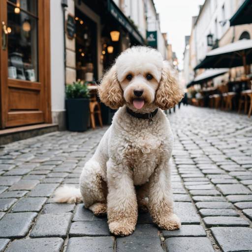 Curly-Furred Cream Poodle Sitting on Cobblestone Street