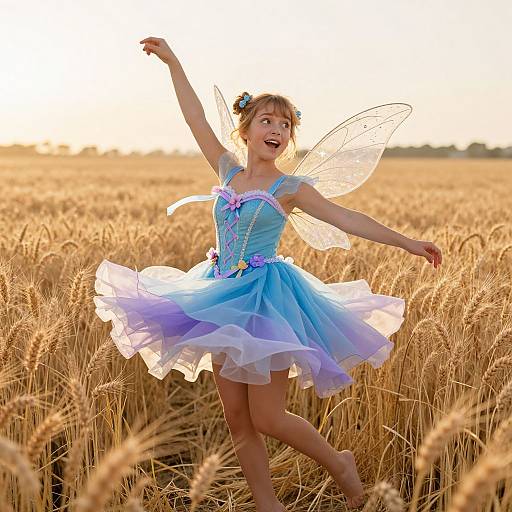 Girl in Fairy Costume Dancing in Wheat Field