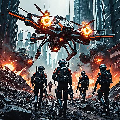 Futuristic Drone Troopers in Explosive Urban Battle