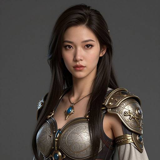 Digital artwork of an Asian woman with long black hair, wearing ornate silver armor with blue gemstones, set against a dark gray background.