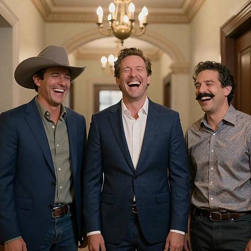 Three Men Laughing in Ornate Hallway