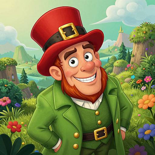 Cartoon leprechaun with red hat, green coat, and beard, smiling in vibrant, flower-filled Irish countryside with mountains and castle in background