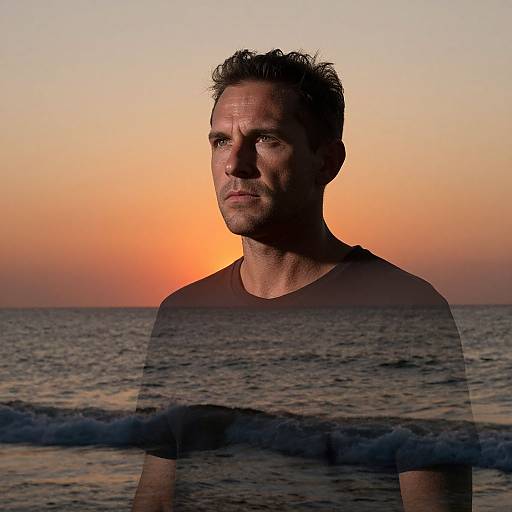 Photograph of a middle-aged man with short, dark hair, wearing a black shirt, standing at a beach during sunset. Ocean waves and orange-yellow