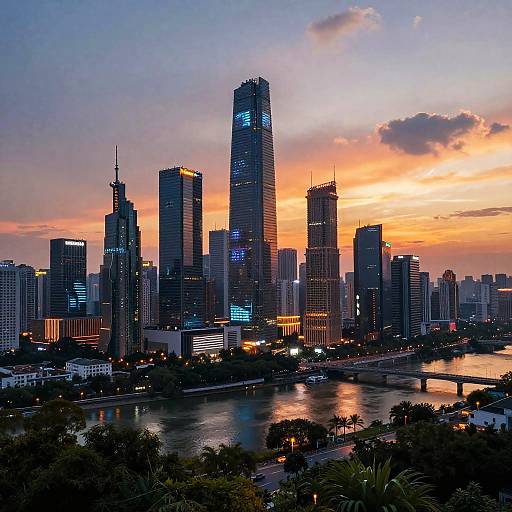 Photograph of a cityscape at sunset, featuring a skyline of illuminated skyscrapers with vibrant orange and purple skies, reflecting on a river in the