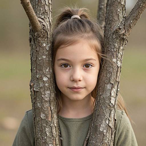Photograph of a young girl with light brown hair in a ponytail, standing behind two tree trunks, wearing a green shirt, with a soft