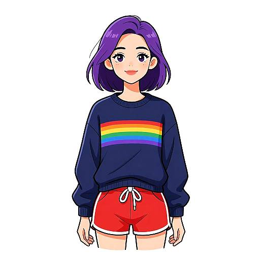 Anime-style drawing of a smiling girl with purple hair, wearing a navy sweater with a rainbow stripe and red shorts.