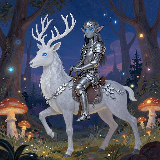 Fantasy illustration of a blue-eyed, armored elf with pointed ears riding a white, antlered deer in a magical forest at night, surrounded by