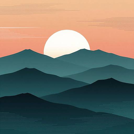 Digital art of a sunset over layered, dark blue mountains with a large white sun partially hidden behind the peaks. The sky transitions from orange to pink.