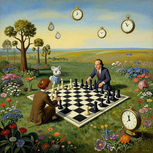 Digital painting of surreal chess scene: man, child, anthropomorphic rabbit playing chess in vibrant garden with floating clocks, colorful flowers, and rolling hills.