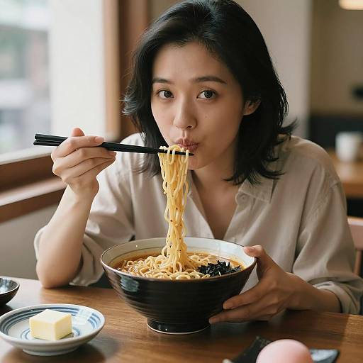 Asian Woman Eating Ramen Noodles