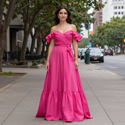 Photograph of a dark-haired woman in an off-the-shoulder, vibrant pink, floor-length gown with ruffles, standing on a tree-lined