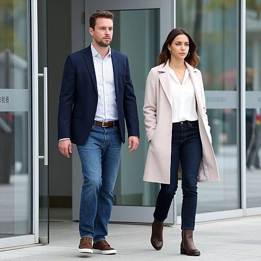 Photograph of a serious-looking couple walking outside a modern building; man in navy blazer, white shirt, blue jeans, brown shoes; woman in