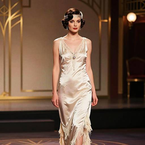 Photograph of a fair-skinned woman with short black hair, wearing a white, fringed, 1920s-style flapper dress and be