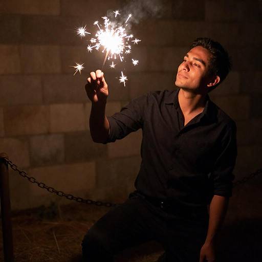 Leaning Man with Sparkler by Wall