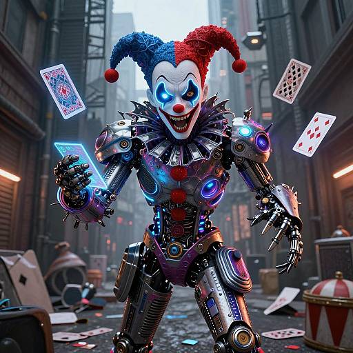 CGI image of a robotic Joker with glowing blue eyes, red and blue jester hat, wielding cards in a dim, alleyway street. Neon