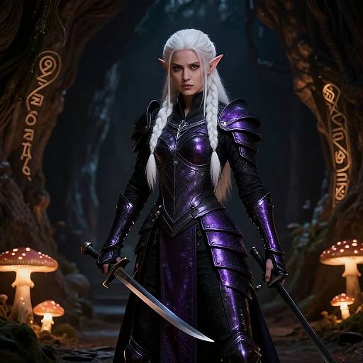 Digital artwork of a white-haired, elf-like warrior woman in purple armor, holding a sword, standing in a mystical forest with glowing mushrooms and ancient runes