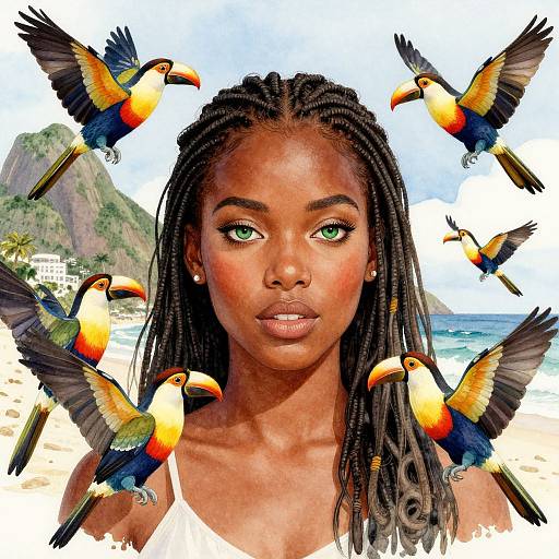 Watercolor Portrait of Young Woman with Toucans