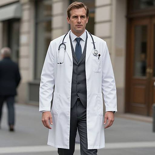 Photograph of a serious, handsome man in a white doctor's coat, black suit, tie, and stethoscope, standing on a city street