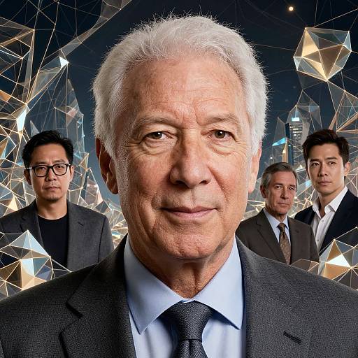 Photograph of an older white man with white hair, in a black suit and tie, centered against a geometric, reflective background with three younger men in