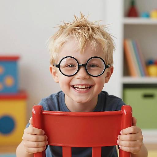 Cheerful Boy with Glasses and Chair