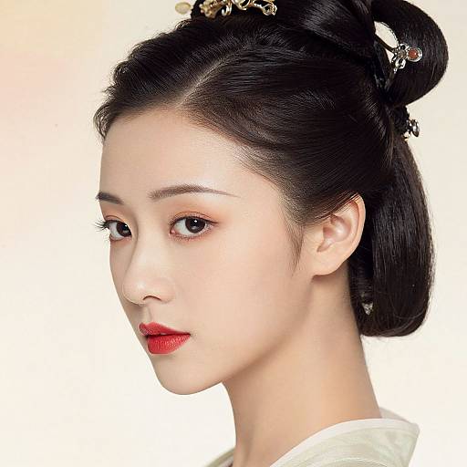 Photograph of an Asian woman with fair skin, black hair in an elegant bun, red lipstick, and subtle makeup, wearing a white top, against