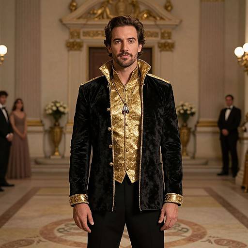 Photograph of a bearded man with dark hair, wearing a black velvet jacket with gold trim and a gold embroidered shirt, standing in an ornate