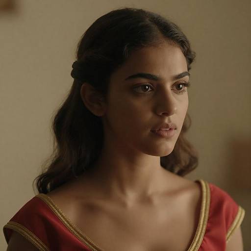 Young Woman in Red Dress with Gold Trim