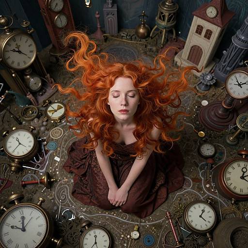 Photograph-like digital artwork: Red-haired woman with wavy, floating hair, eyes closed, seated amidst scattered vintage clocks and clock towers.
