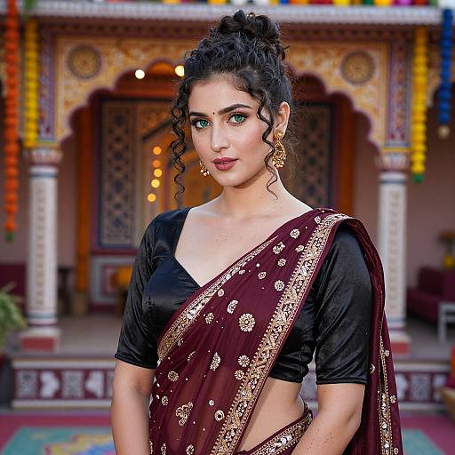 Photograph of a beautiful South Asian woman with dark curly hair, green eyes, and fair skin, wearing a maroon saree with gold embroidery and