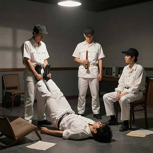Men in White Uniforms in Dimly Lit Room