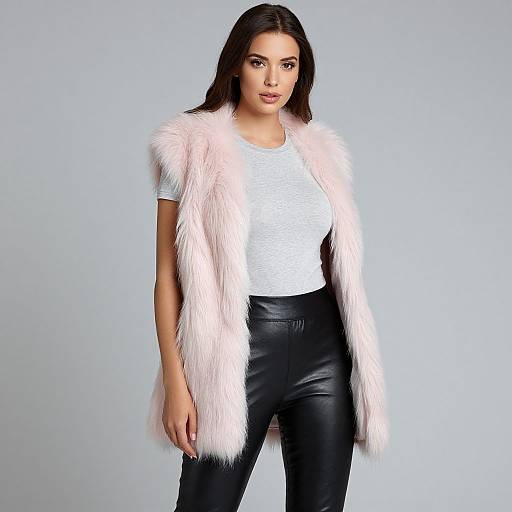 Photograph of a dark-haired woman in a white fur vest, white t-shirt, and black leather pants, standing against a light gray background.