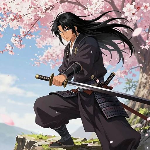 Anime-style drawing of a fierce black-haired samurai with long hair, holding a katana, under cherry blossom trees, crouching on a rocky