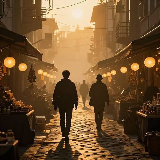 Photograph of a dimly lit, misty market street at sunset, with two silhouetted figures walking down a cobblestone path,