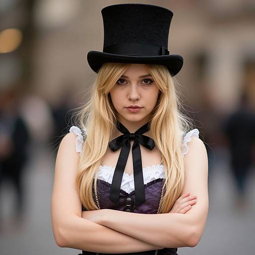Photograph of a young blonde woman with long hair, wearing a black top hat, white lace-trimmed corset, and black ribbon, arms
