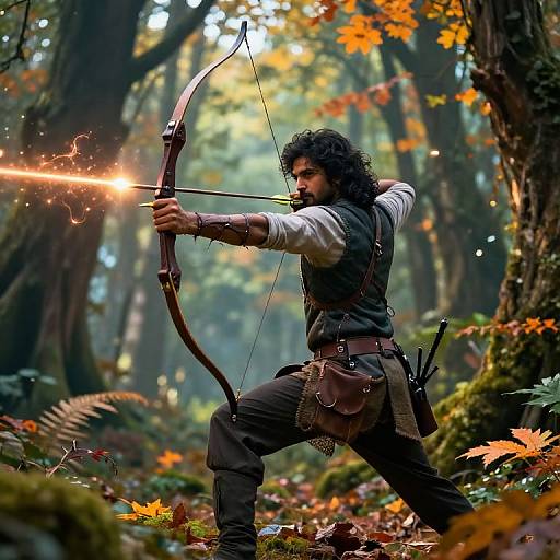 Photograph of a bearded archer with curly hair, wearing a gray vest and brown pants, aiming a flaming arrow in a vibrant, autumn forest