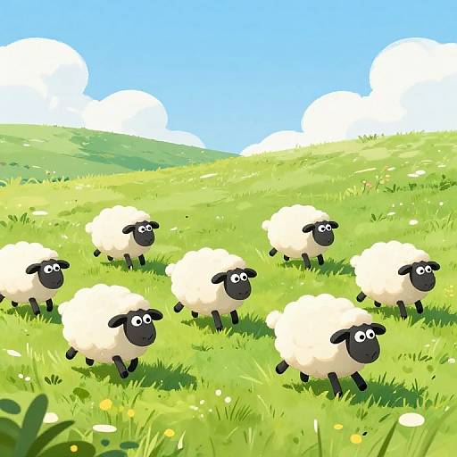 Cartoon-style digital illustration of six fluffy black-and-white sheep with wide eyes, grazing in a bright green, sunlit meadow with yellow flowers and
