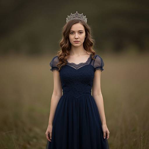 Photograph of a young woman with wavy brown hair, wearing a silver tiara and a navy blue lace dress, standing in a blurred, grass
