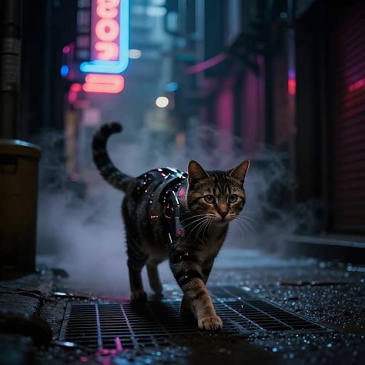 Cyberpunk alleyway at night: a tabby cat with glowing harness walks confidently, neon signs glowing blue and red in the misty background.