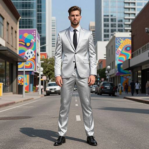 Confident Man in Silver Suit on Urban Street