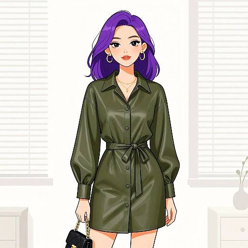 Stylish Woman in Olive Green Faux Leather Dress